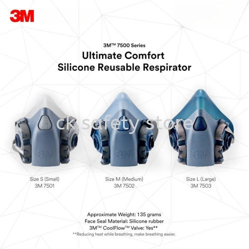 3M 7500 Series Premium Reusable Respirator/ 7501 (S), 7502 (M), 7503 (L)/ Respirator Only Not Including Filter