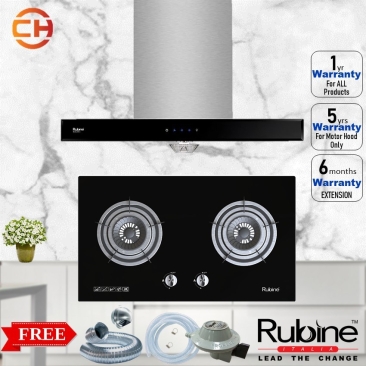 RUBINE STAINLESS STEEL HOOD RCH-BOXLINE X-90SS + TEMPERED GLASS GAS HOB RGH-VISTA2B-BL 