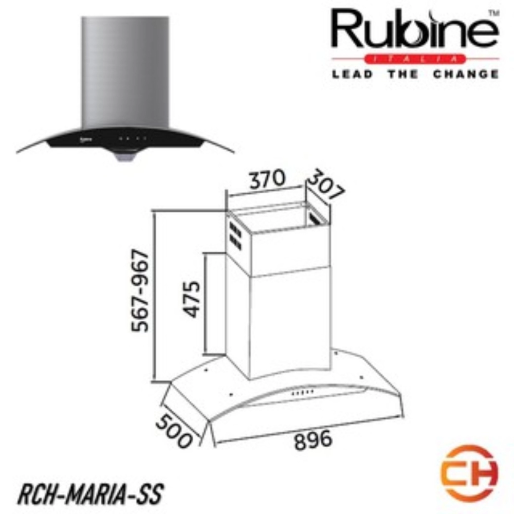 RUBINE STAINLESS STEEL HOOD RCH-MARIA-SS +  TEMPERED GLASS GAS HOB RGH-VISTA2B-BL