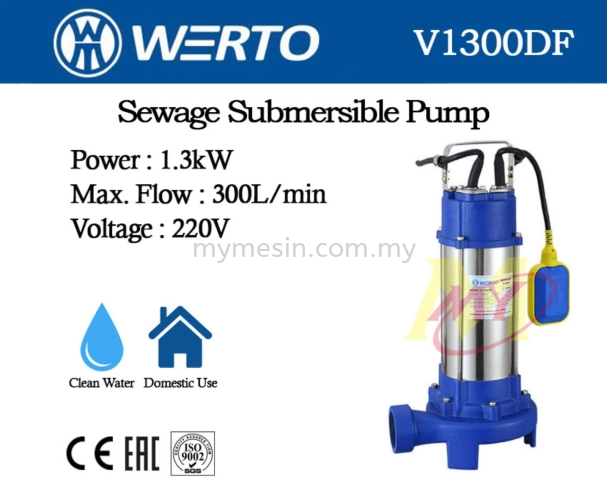 Werto V1300DF Sewage Submersible Pump With Cutter 1.3kW 220V [Code: 9998]