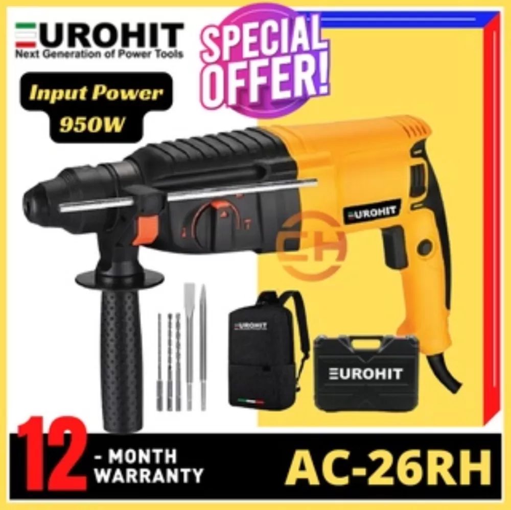 EUROHIT 950W 3 IN 1 ROTARY HAMMER AC-26RH 3 FUNCTIONS FREE 8PCS ACCESSORIES + BACKPACK + HARD CASE