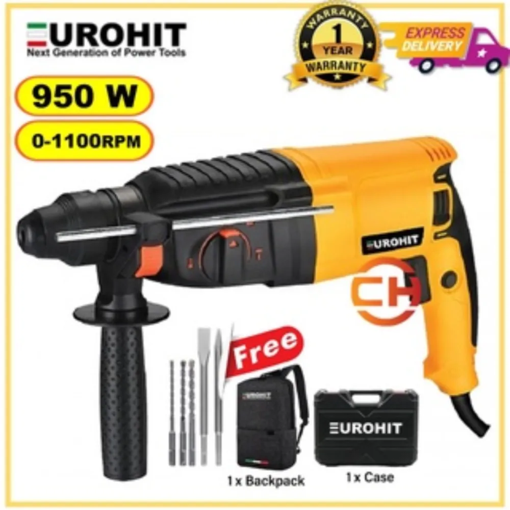 EUROHIT 950W 3 IN 1 ROTARY HAMMER AC-26RH 3 FUNCTIONS FREE 8PCS ACCESSORIES + BACKPACK + HARD CASE