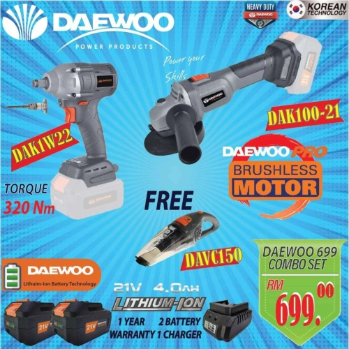 DAEWOO 21V BRUSHLESS Cordless Angle Grinder & Impact Wrench Combo Set *Free Car Vacuum Cleaner*