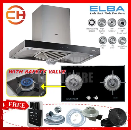 ELBA DESIGNER ELEGANTE CHIMNEY HOOD EH-H9027ST(SS) 1,400(m3/hr) + EGH-G8592G(BK) GLASS HOB WITH SAFETY VALVE