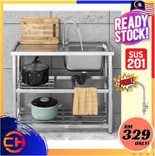 (OUT OF STOCK) STAINLESS STEEL SINGLE KITCHEN SINK WITH STAND & SET DISH WASHER RACK