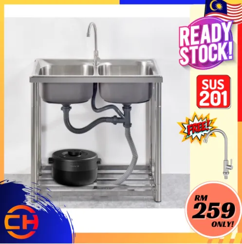 [READY STOCK] STAINLESS STEEL DOUBLE KITCHEN SINK WITH STAND 76 CM x41 CM