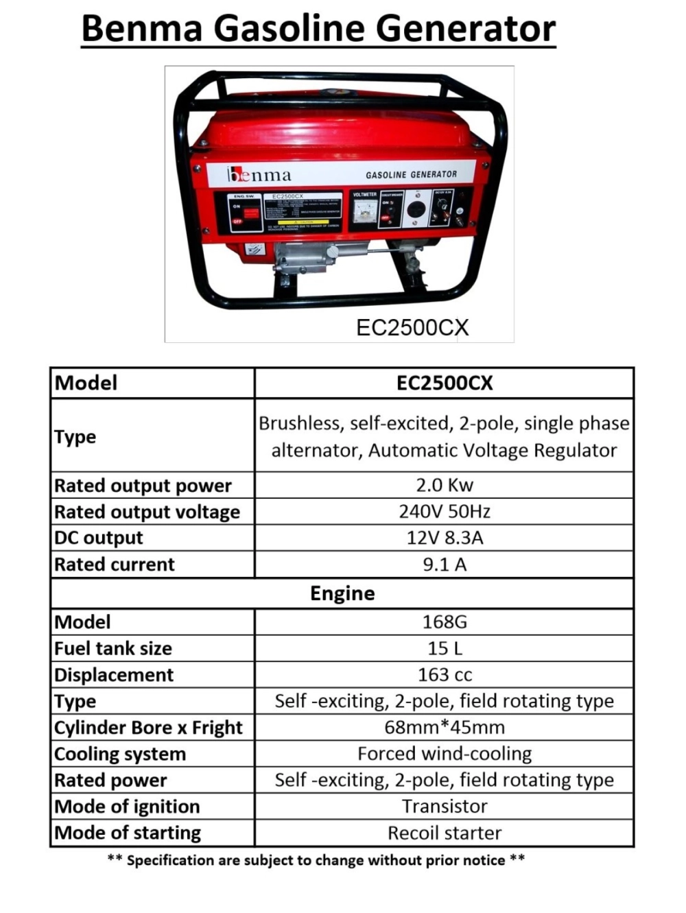 BENMA 2.0KW PETROL GENERATOR (LARGE FUEL TANK) - EC2500CX