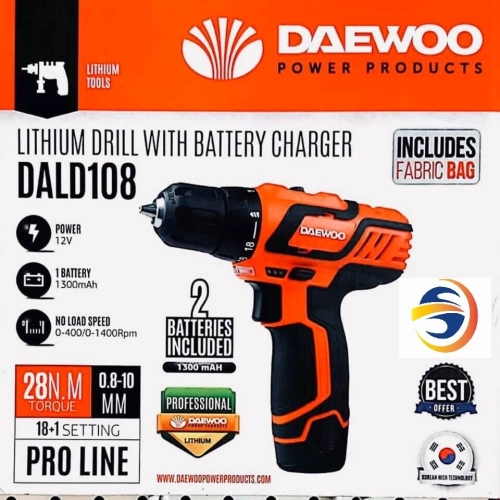 DAEWOO 12V CORDLESS DRILL C/W CHARGER & 2-BATTERY (10MM) - DALD108