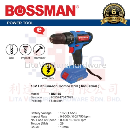 BOSSMAN 18V LITHIUM-ION COMBI DRLL (INDUSTRIAL) BMI55