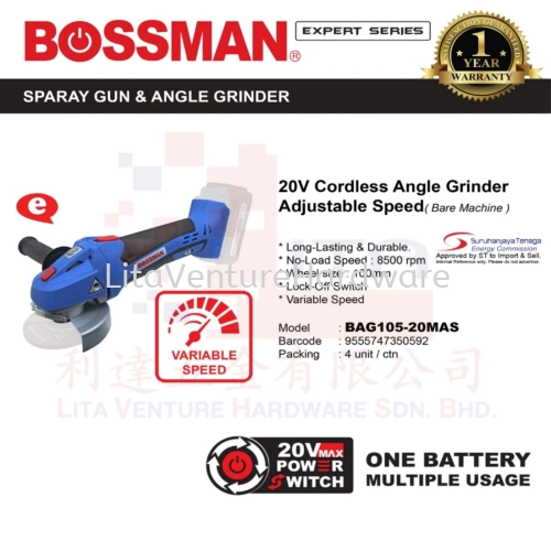 BOSSMAN 20V CORDLESS ANGLE GRINDER ADJUSTABLE SPEED BAG10520MAS