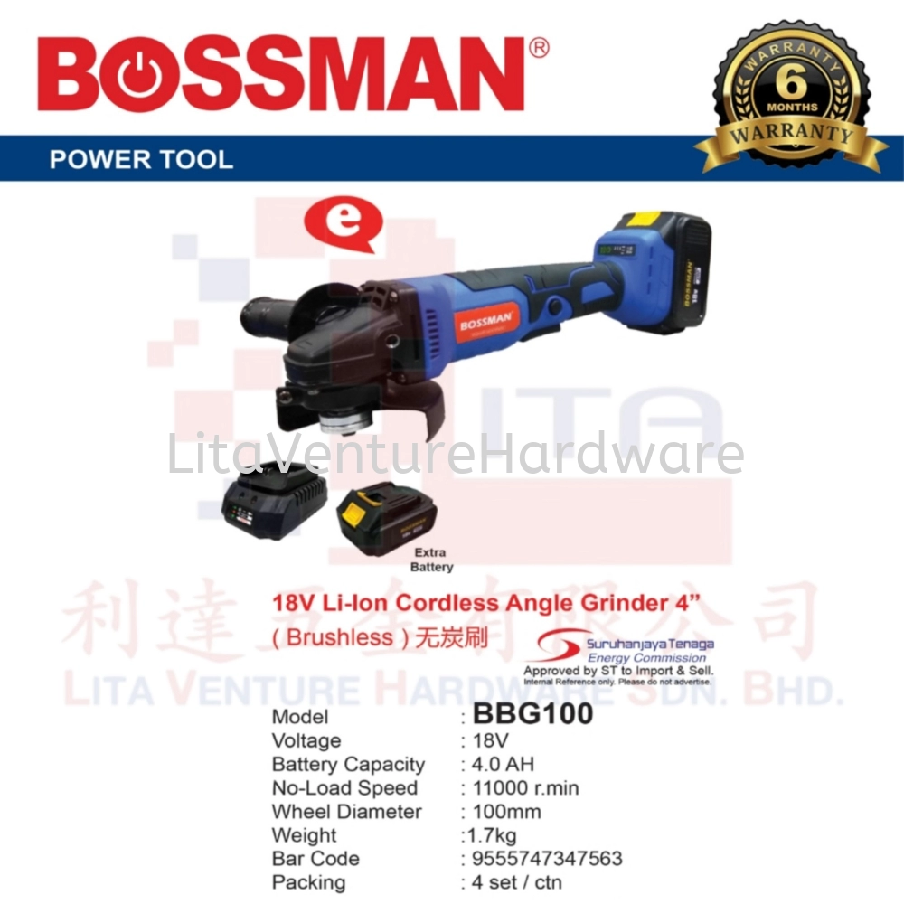 BOSSMAN 18V LI-ION CORDLESS ANGLE GRINDER 4'' BBG100