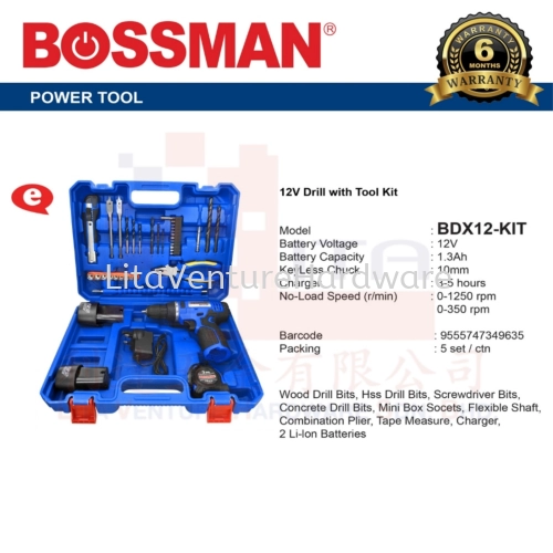 BOSSMAN 12V DRILL WITH TOOL KIT BDX12KIT