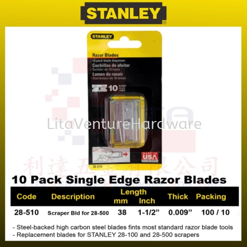 STANLEY 10 PACK SINGLE EDGE RAZOR BLADES 28510