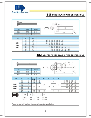 BEI Jector Punch Blanks with center hole