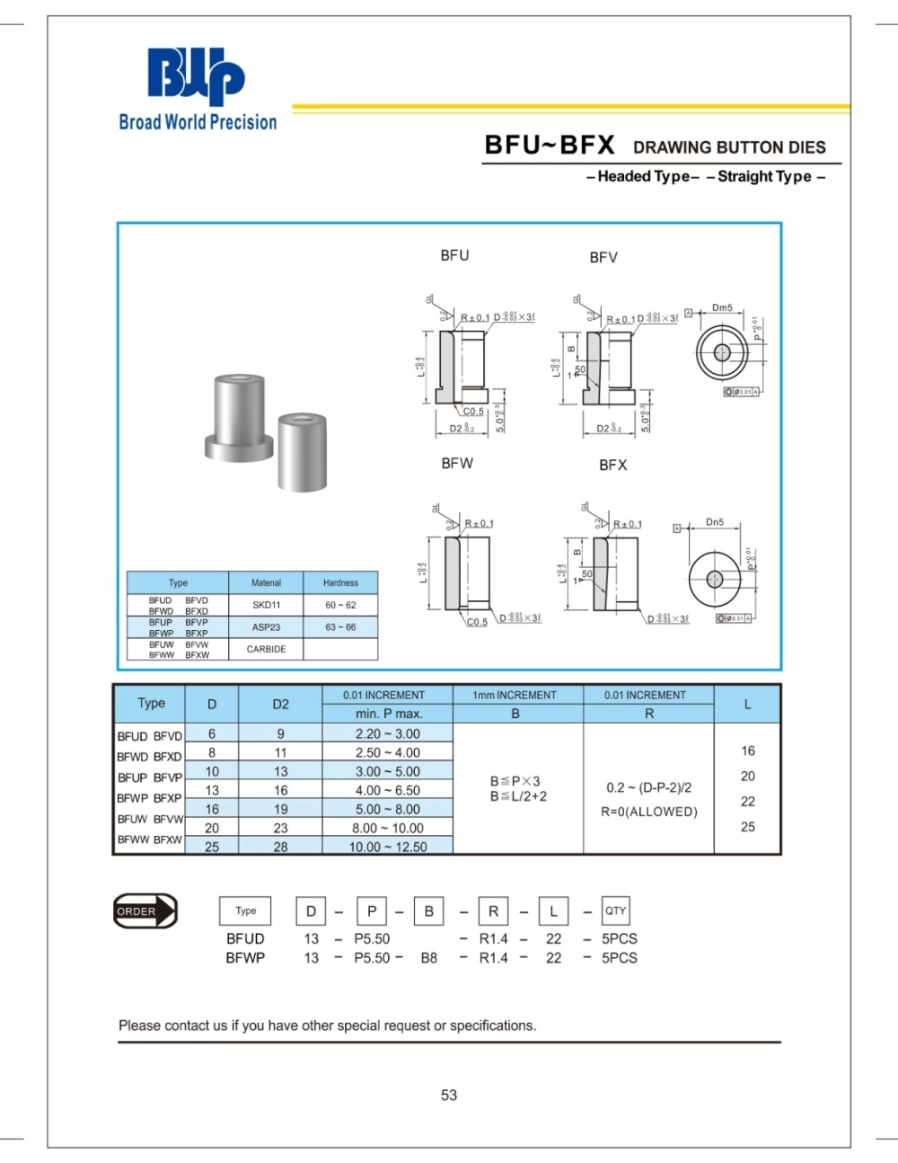 BFU~BFX Drawing Button Dies (Headed type-Straight type)