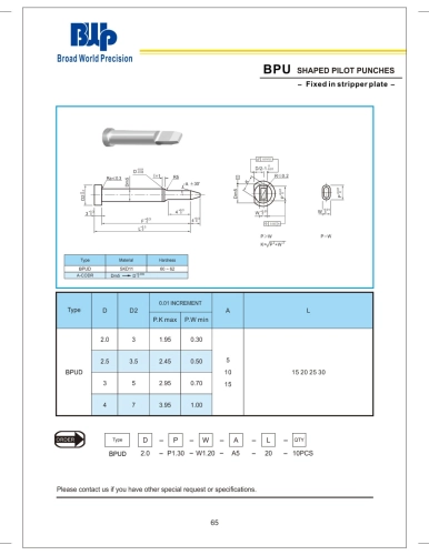 BPU Shaped Pilot Punches (Fixed in stripper plate)