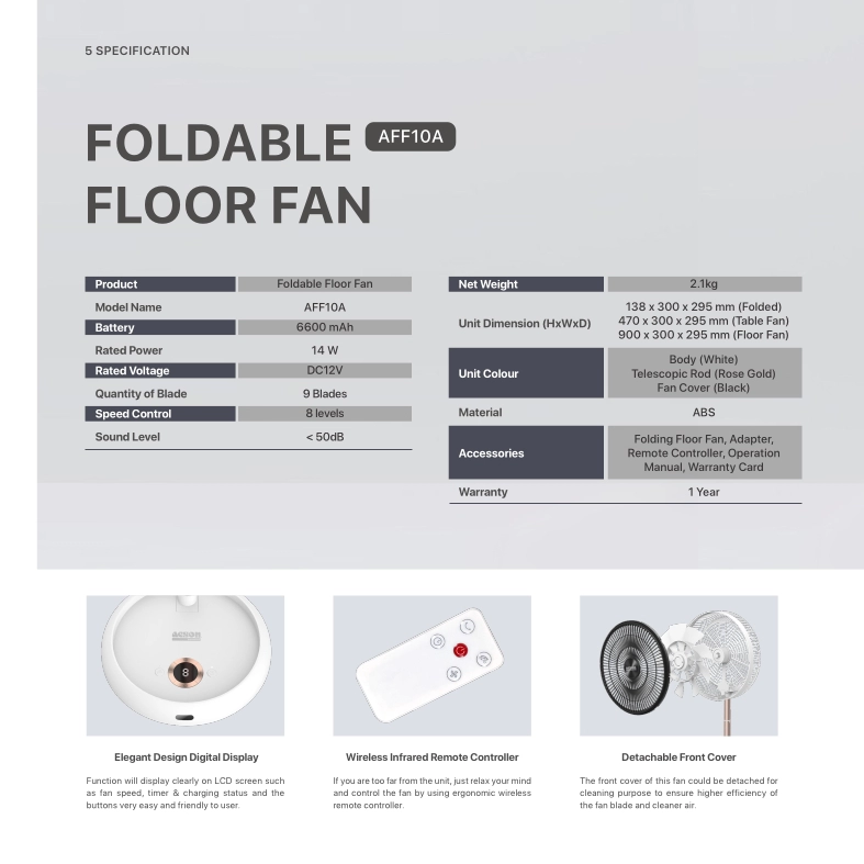 Acson Foldable Floor Fan AFF10A Cordless Operation