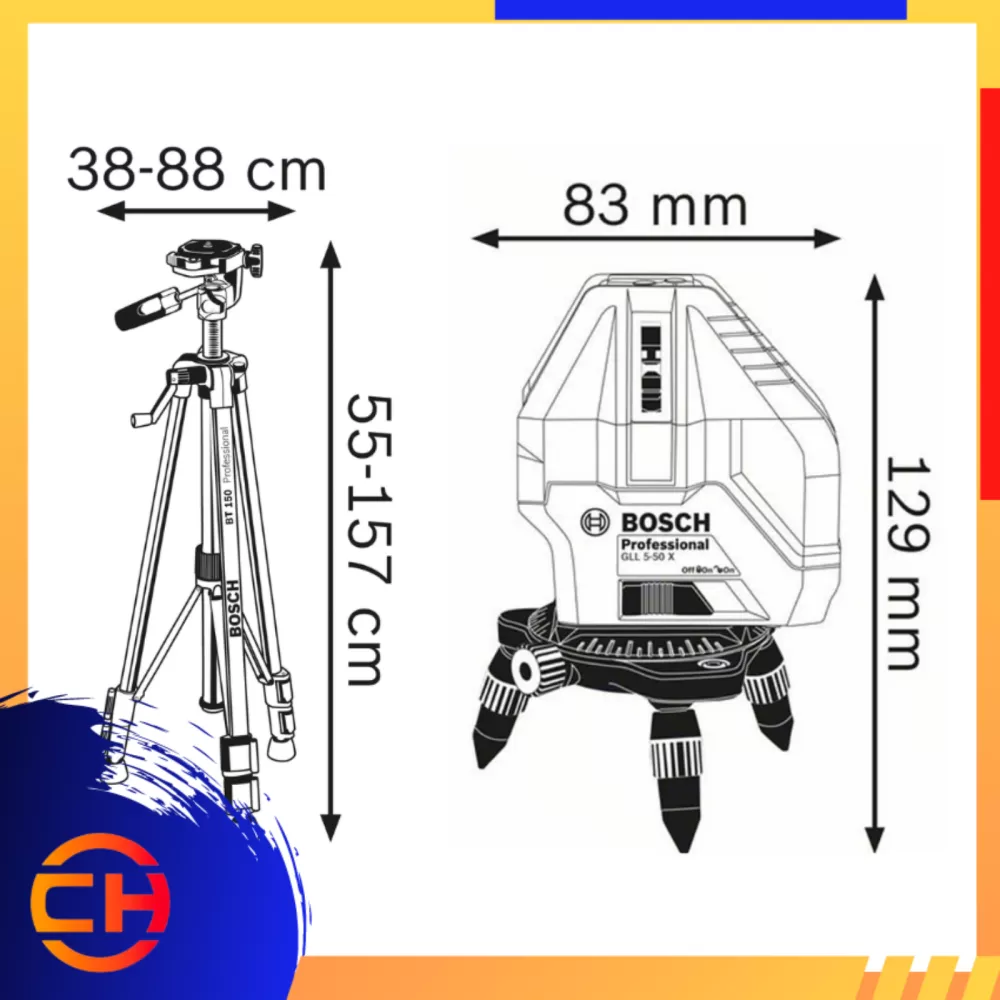 BOSCH GLL 5-50X 5-LINE LASER WITH BOSCH BT150 TRIPOD & ROTATING ADAPTER