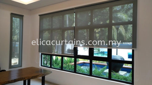 Sunscreen Material Roller Blind, Bungalow Living Style, Study Area, Garden View.