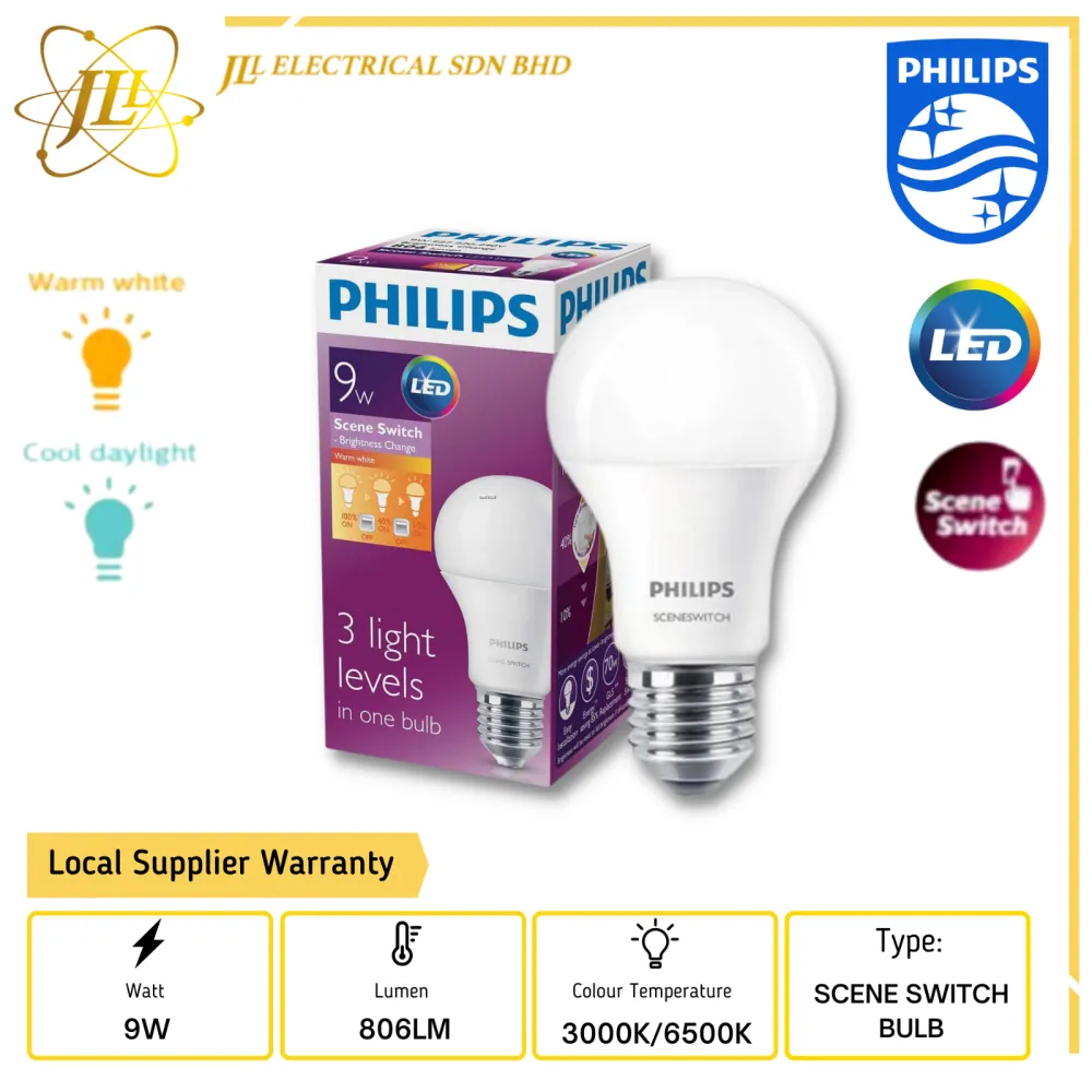 PHILIPS SCENE SWITCH 9-70W 220-240V 806LM A60 E27 3STEP EYECOMFORT GLS LED BULB 3K & 65K