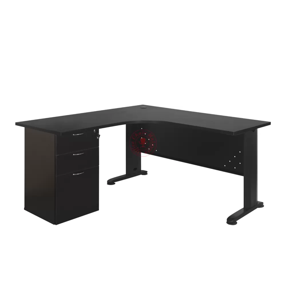 Full Black L Shape Table c/w 2D1F Office Table | MJMF  Black | Meja L Shape | Meja Pejabat