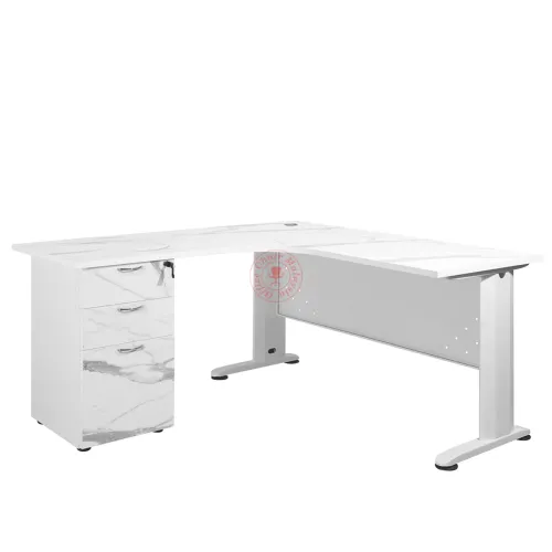 MJMF L-Shape c/w 2D1F Office Table | Marble White Top Table | Meja Pejabat L Shape