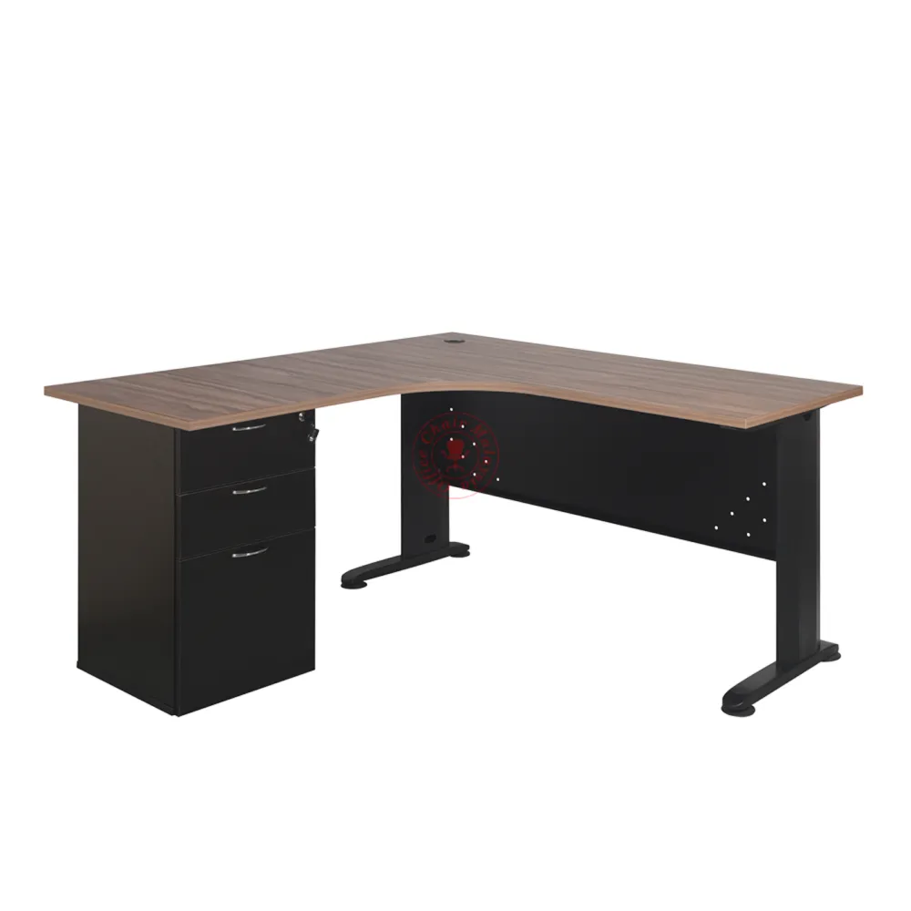 MJMF Walnut Marino L-Shape Table c/w 2D1F Drawer | Office Table | Meja Ofis | Meja Pejabat