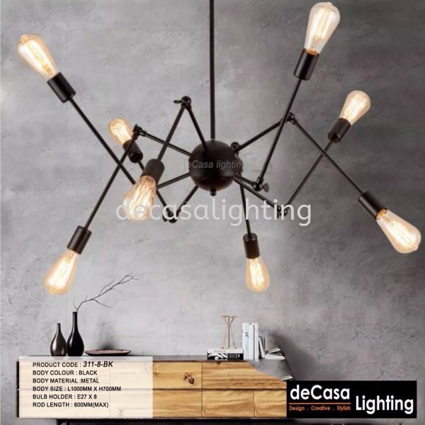  Minimalist Adjustable 8Metal Spider Pendant (311-8-BK) Retro Loft Design Pendant Light PENDANT LIGHT Selangor, Kuala Lumpur (KL), Puchong, Malaysia Supplier, Suppliers, Supply, Supplies | Decasa Lighting Sdn Bhd