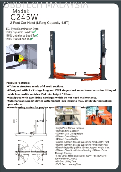 Two Post Lift 4.5 Ton With JKKP Car Lift Melaka, Malaysia Supplier, Suppliers, Supply, Supplies | OBD Automotive Technology Sdn Bhd