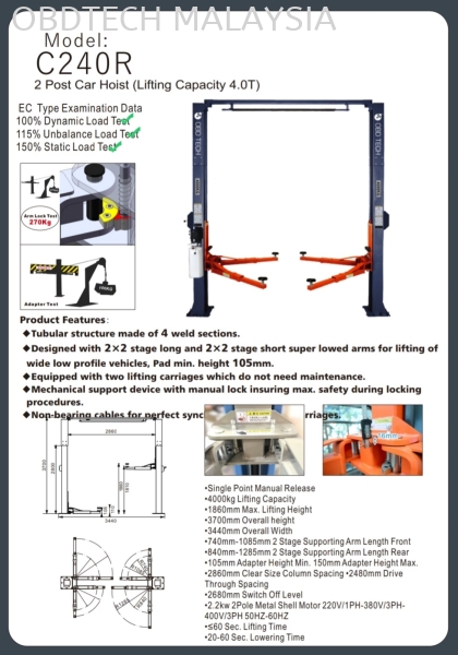 Two Post Lift 4 Ton Clear Floor 12 Feet with JKKP Car Lift Melaka, Malaysia Supplier, Suppliers, Supply, Supplies | OBD Automotive Technology Sdn Bhd