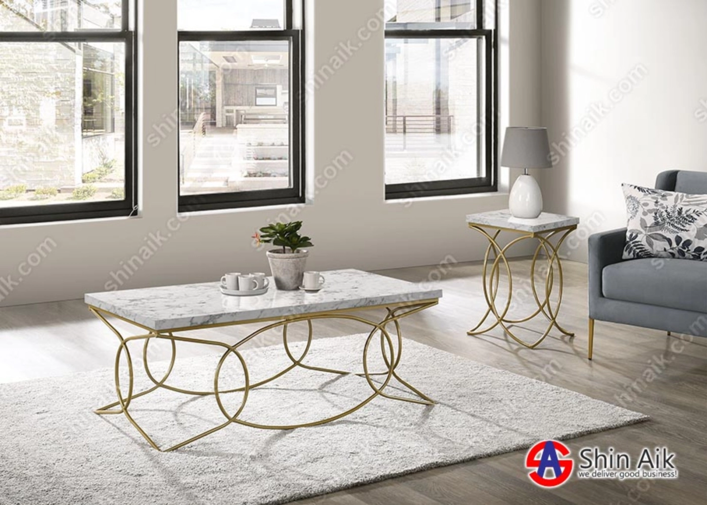 CT65066 (4'ft) White Marble & Gold Metal Elegant Style Rectangle Coffee Table