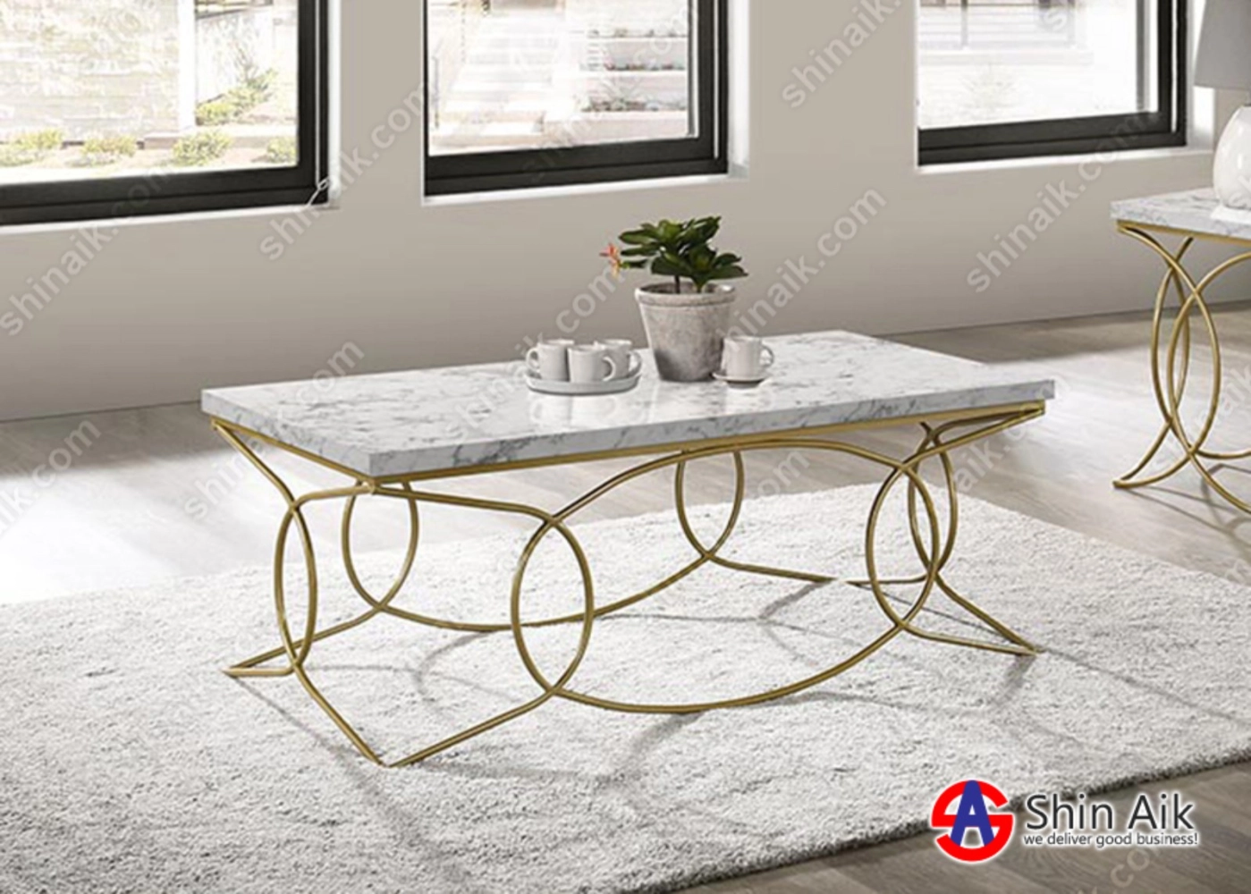 CT65066 (4'ft) White Marble & Gold Metal Elegant Style Rectangle Coffee Table