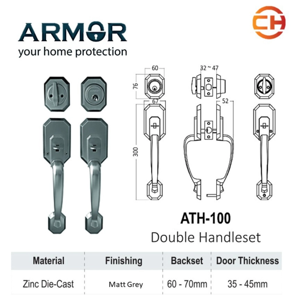 ARMOR DOUBLE ENTRANCE HANDLE SET SOLID BRASS CYLINDER LOCKS SILVER SERIES [ATH-100] 