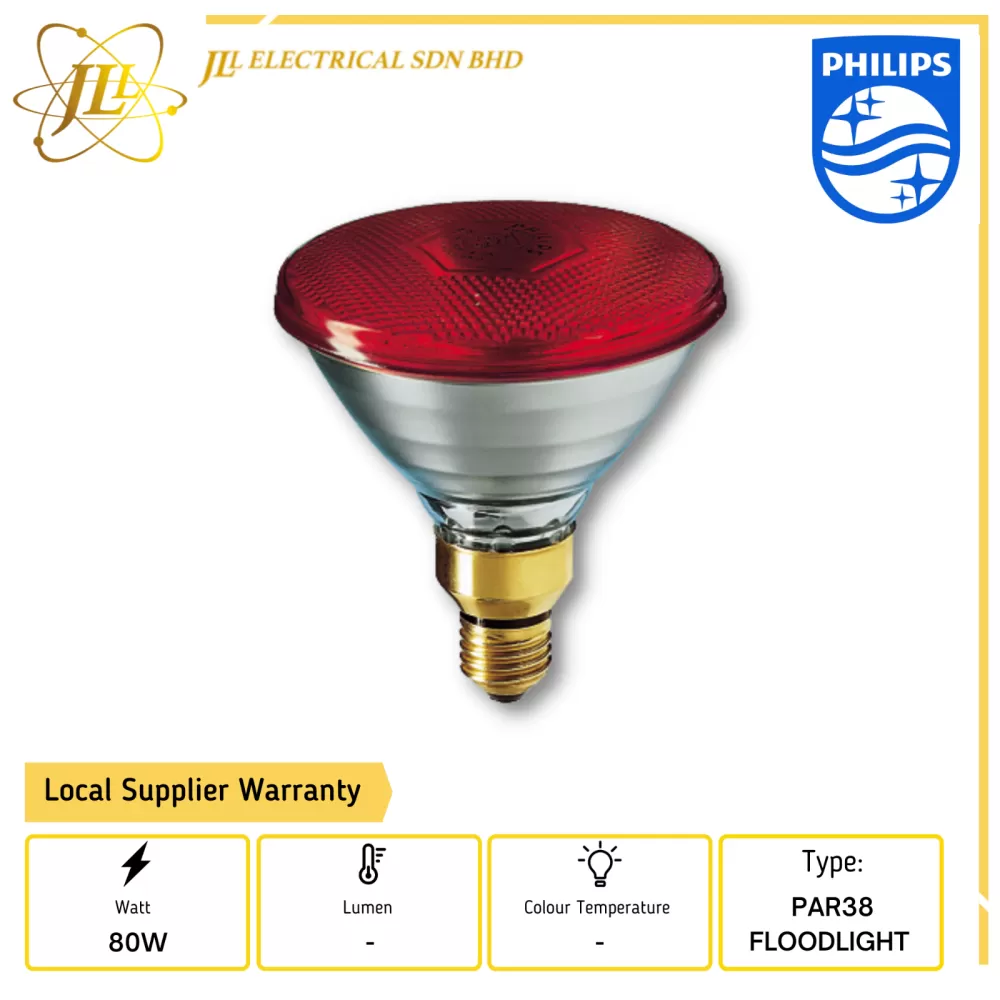 PHILIPS PARTYTONE 80W 230V PAR38 E27 FLOOD LIGHT BULB (RED) Kuala Lumpur  (KL), Selangor, Malaysia Supplier, Supply, Supplies, Distributor | JLL  Electrical Sdn Bhd