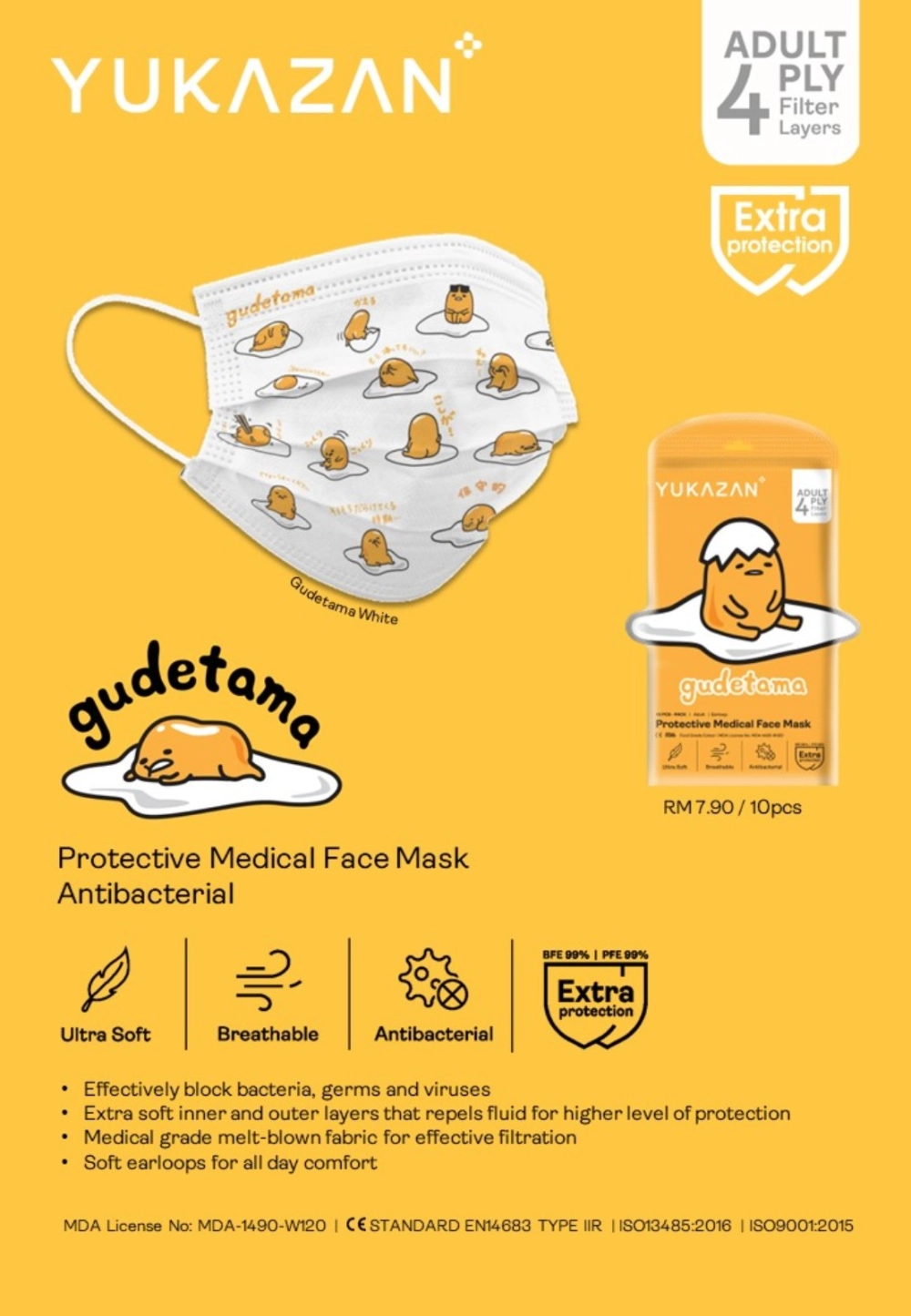 Yuka Zan 4ply Medical Face Mask Gudetama White (50 Pcs/Box)