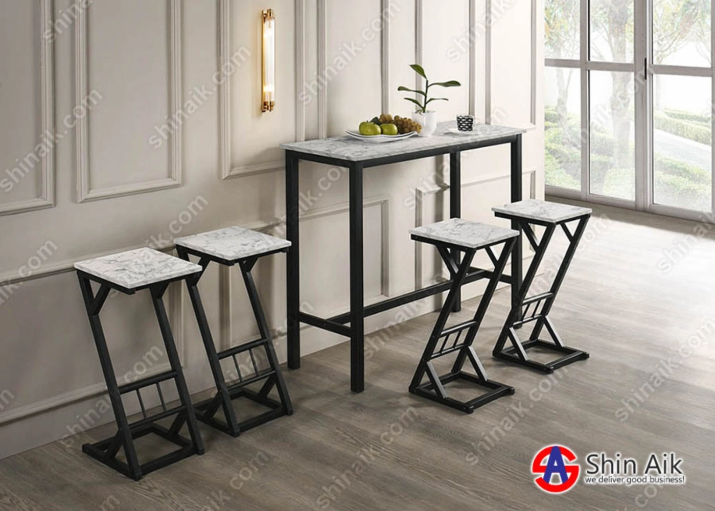 BT25059(KD) White Marble & Black Metal Bar Table Set