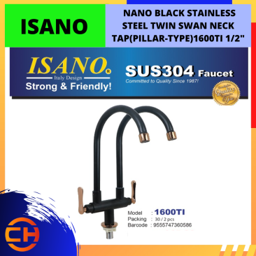 ISANO NANO BLACK STAINLESS STEEL TWIN SWAN NECK TAP (PILLAR-TYPE) 1/2'' [ 1600TI ]*