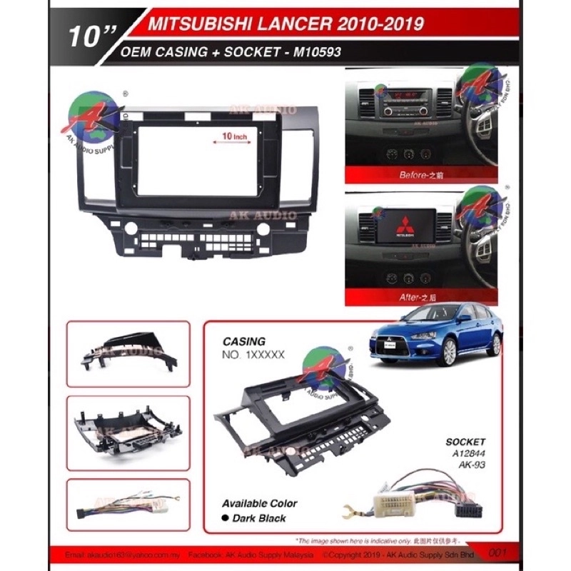 Mitsubishi Lancer 2010 - 2016 10" Inch Android Player Casing + Socket -M10593