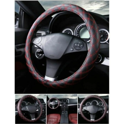 PU Leather Steering Wheel Cover Wrap Black + Red Line