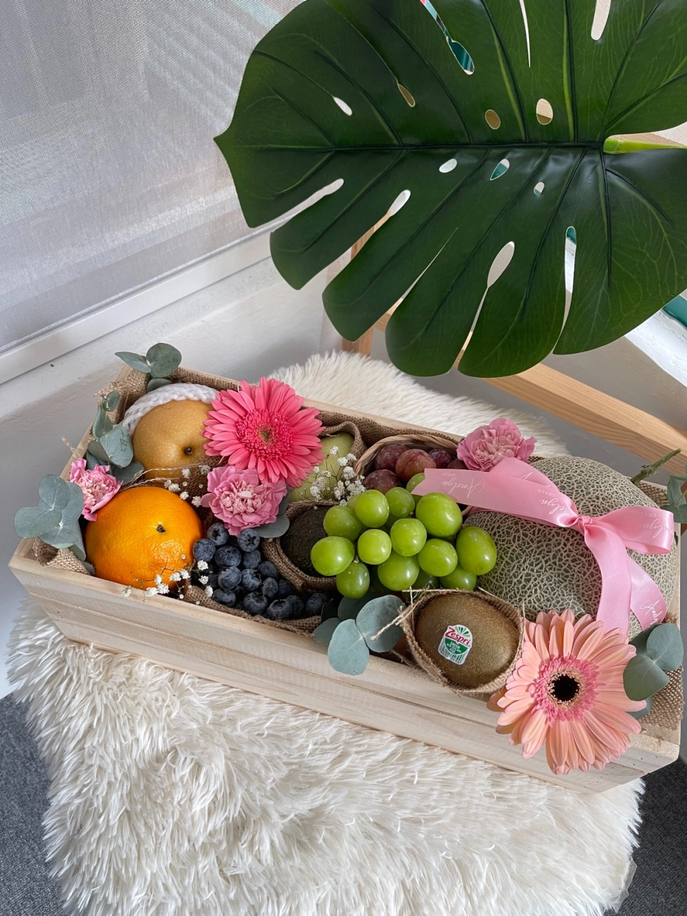 Premium Wooden Crate with Fruits & Flowers