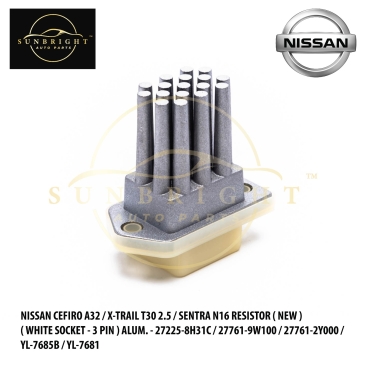 RESNCEFA32 - NISSAN CEFIRO A32 / SENTRA N16 / SERENA C25 REAR / A32 IMPT / PATROL Y61 '02 / RI LORRY / SUBARU VERSION 8 RESISTOR ( NEW ) ( WHITE SOCKET - 3 PIN ) ALUM. - 70T039B01 / 27761-70T03-A084 / YL-7681