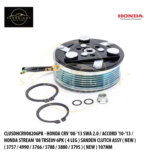 CLUSDHCRV08206PK - HONDA CRV '08-'13 SWA 2.0 / ACCORD '10-'13 / HONDA STREAM '08 TRSE09 6PK ( 4 LEG ) SANDEN CLUTCH ASSY ( NEW ) ( 3757 / 4990 / 3766 / 3788 / 3880 / 3795 ) ( NEW ) 107MM