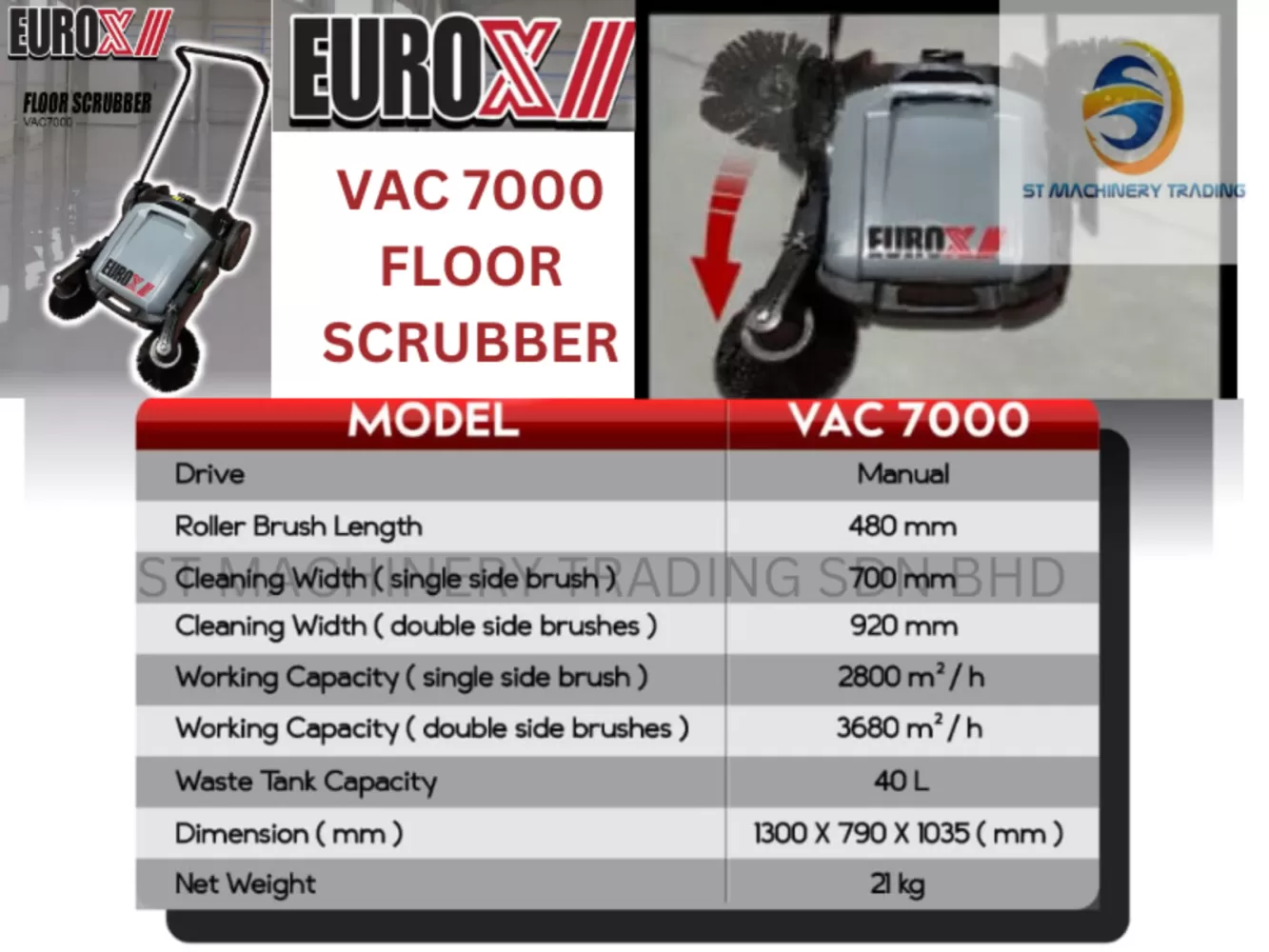 EUROX VAC7000 MANUAL FLOOR SCRUBBER 40L SCRUBBER SWEEPPING MACHINE