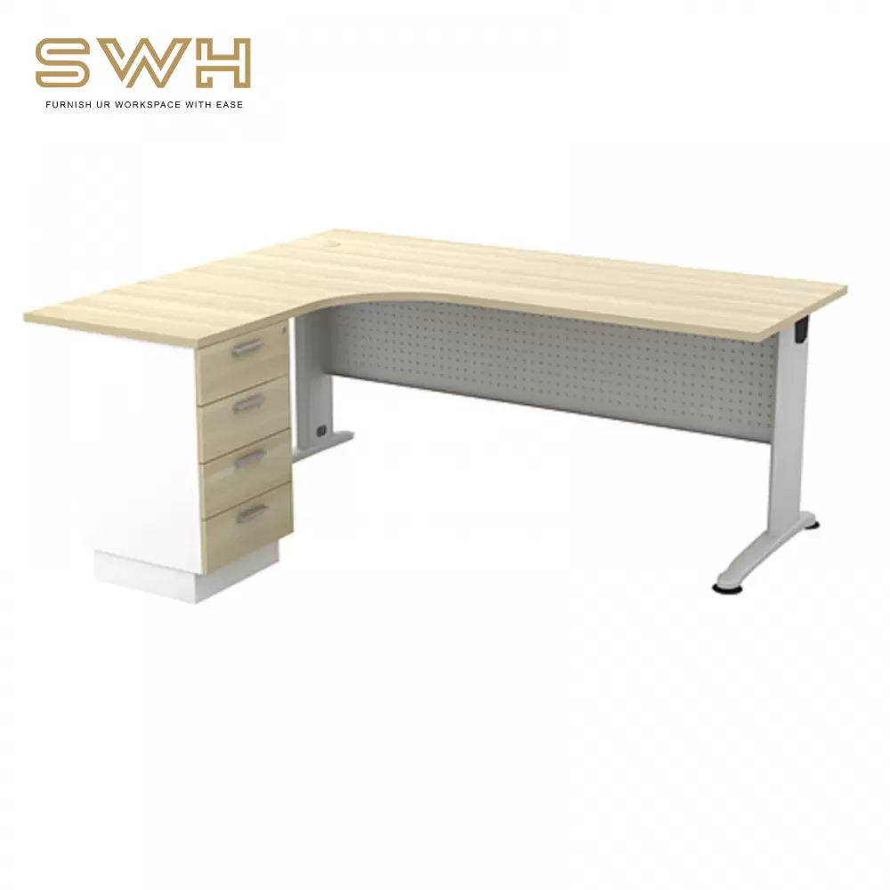 Executive L-Shape Office Table Set With Fixed Pedestal 4-Drawers | Office Table Penang