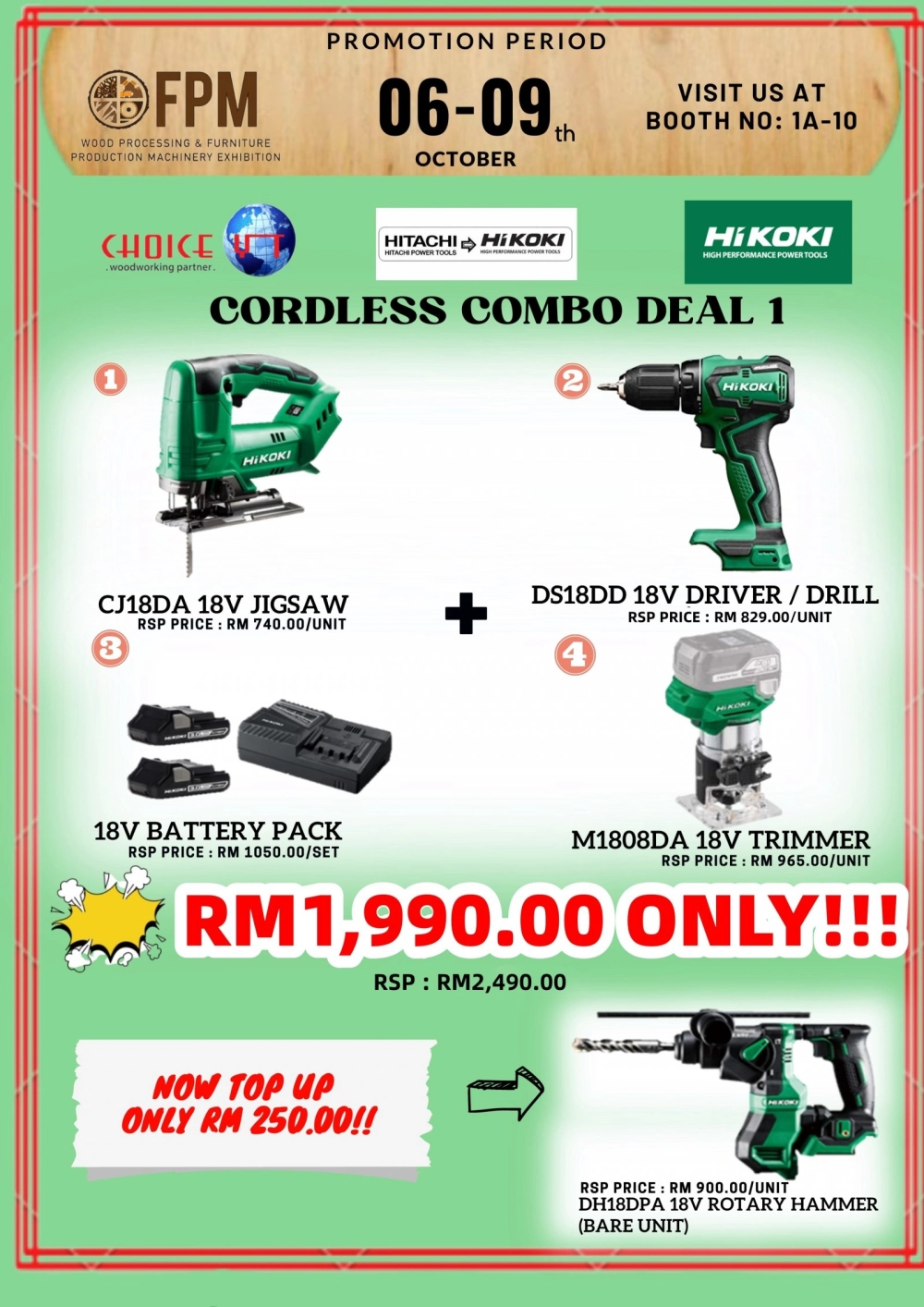 FPM Exhibition special promotion 6th – 9th Oct - Hikoki Cordless Combo Deal 1