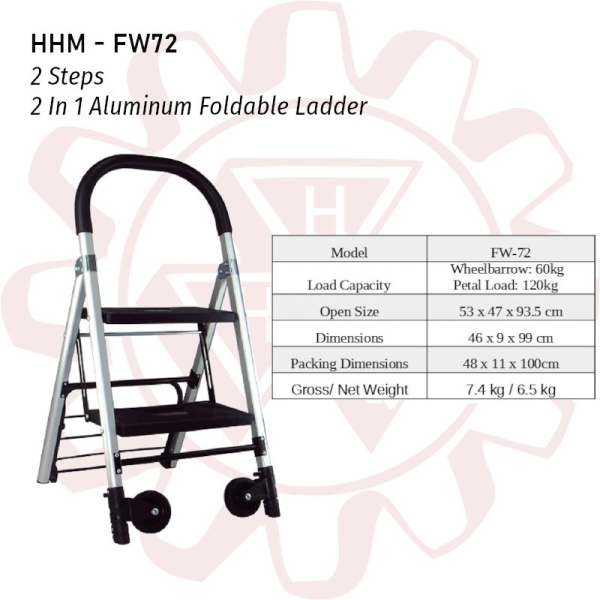 HHM 2 Steps Dual Use Foldable Ladder and Trolley FW-72, Trolley Max Capacity: 60kg PLATFORM TRUCK / HAND TROLLEY MATERIAL HANDLING EQUIPMENTS Singapore, Kallang Supplier, Suppliers, Supply, Supplies | DIYTOOLS.SG