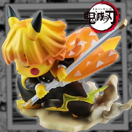 Pikachu x Zenitsu Agatsuma Demon Slayer Cute Q Figure Toys 霹雳一闪 鬼刃 皮卡cos 变装 我妻善逸 手办模型公仔摆件人偶