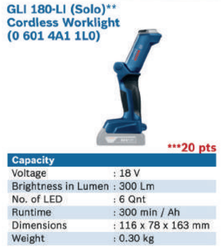 GLI 180-LI (SOLO) CORDLESS WORKLIGHT - 0 601 4A1 1L0 BOSCH POWER TOOLS BOSCH POWER TOOL MACHINERY AND POWER TOOLS Pasir Gudang, Johor, Malaysia The Best Value of Power Tools, High-Quality Industrial Hardware, Customized Spare Part Solution  | LW Industrial Supply Sdn. Bhd.