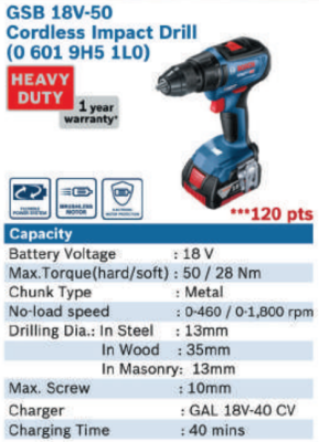 GSB 18V-50 CORDLESS IMPACT DRILL - 0 601 9H5 1L0