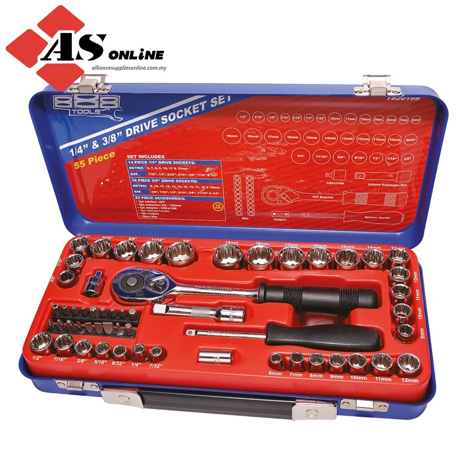 SP TOOLS 1/4"Dr & 3/8"Dr Socket Set - 12pt Metric/SAE - 55pc / Model: T820199